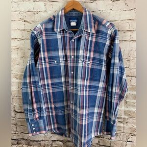 Vtg Wrangler Men’s L Button Up Plaid Denim Western Shirt Indigo Blue